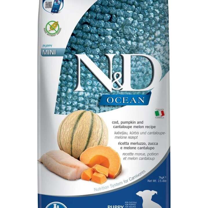 N&D ocean cod,pumpkin,melon( tursk,kõrvits,melon) PUPPY MINI 800gr